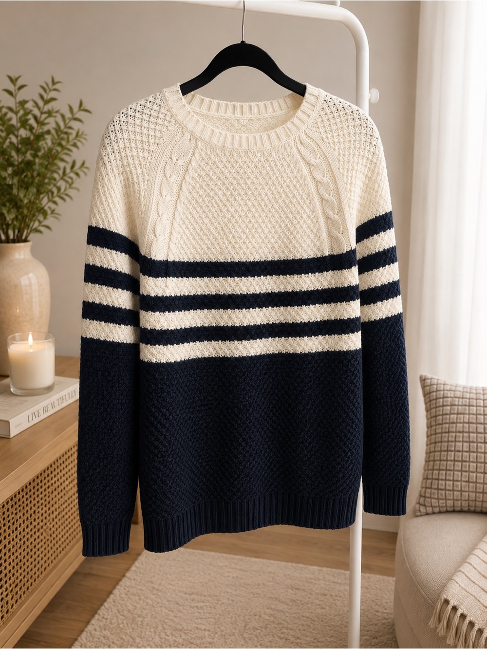 Striped Knit Sweater in Cream & Navy